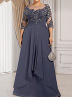Robe de mère de la mariée en dentelle et mousseline, longueur au sol, ligne en A, décolleté en U avec volants en cascade
