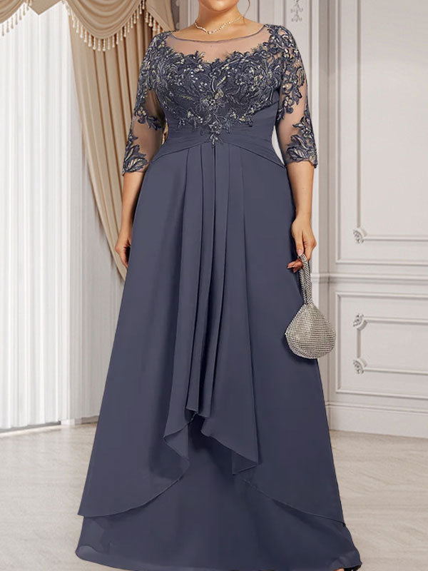 Robe de mère de la mariée en dentelle et mousseline, longueur au sol, ligne en A, décolleté en U avec volants en cascade
