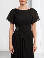 Robe de mère de la mariée en mousseline, longueur cheville, en ligne A, encolure dégagée, ornée de perles et plissée