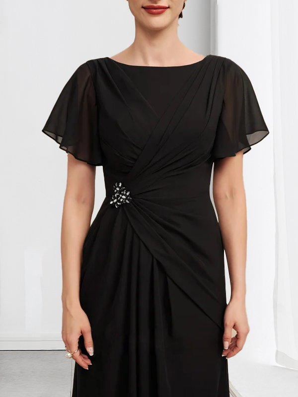 Robe de mère de la mariée en mousseline, longueur cheville, en ligne A, encolure dégagée, ornée de perles et plissée