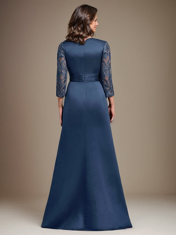 A-Line Scoop Floor-Length Lace Satin Mother Of the Bride Dress With Applique