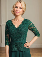 Robe de mère de la mariée en mousseline de soie à dentelle, longueur au sol, en ligne A, col en V, avec volants en cascade et paillettes