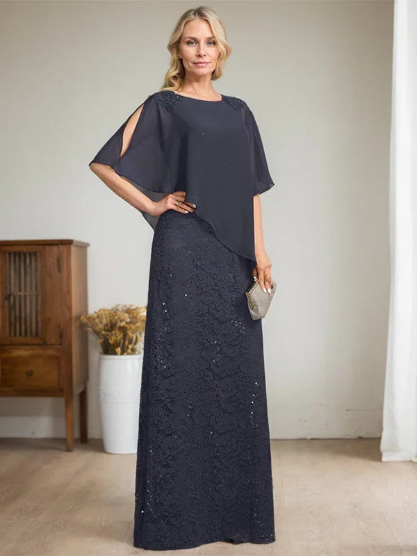 Vestido de Mãe da Noiva em Chiffon com Renda, Corte Coluna/Justo, Comprimento ao Chão, com Lantejoulas e Bordados