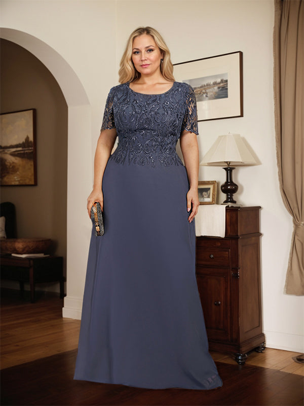 Robe de mère de la mariée en dentelle et mousseline, longueur au sol, en ligne A, décolleté en U, ornée de paillettes