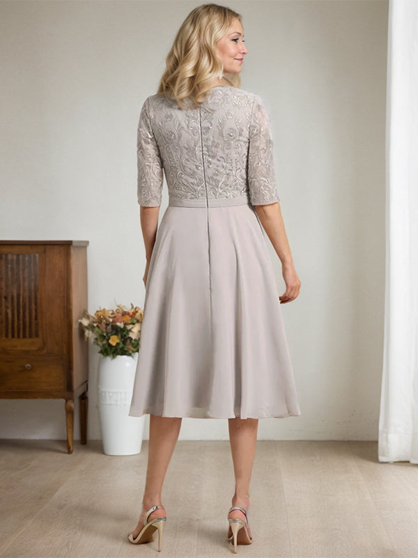 A-Linie U-Ausschnitt Knielang Chiffon Spitzenkleid für die Brautmutter