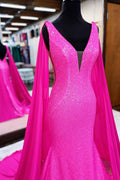 Hot Pink Sequin Mermaid Prom Dress With Wateau Train For Wedding Party