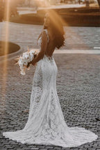 Sheer Straps Lace Mermaid Wedding Dress With Chapel Train Beading