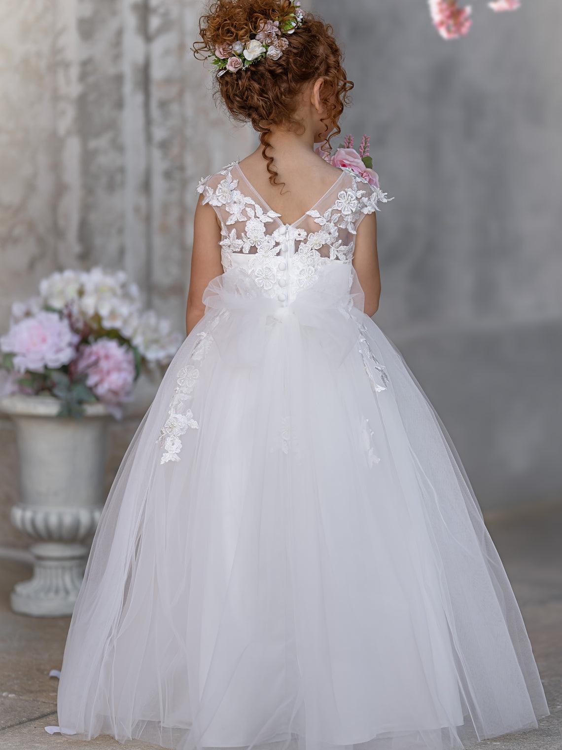 Ivory Tulle Princess Flower Girl Dress With Lace Appliques And Bow