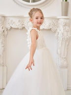 Elegant White Tulle Flower Girl Applique Lace Dress With Sweep Train