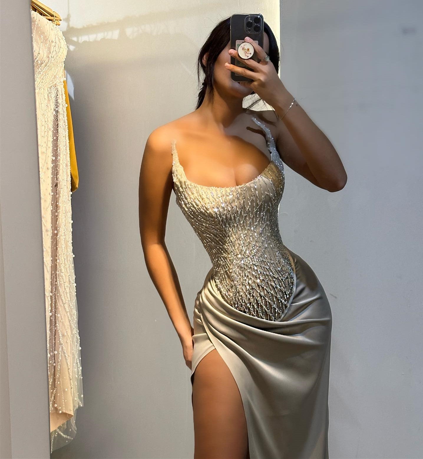 Gorgeous Strapless Sequins Prom Dress With High Split Mermaid Silhouette Long