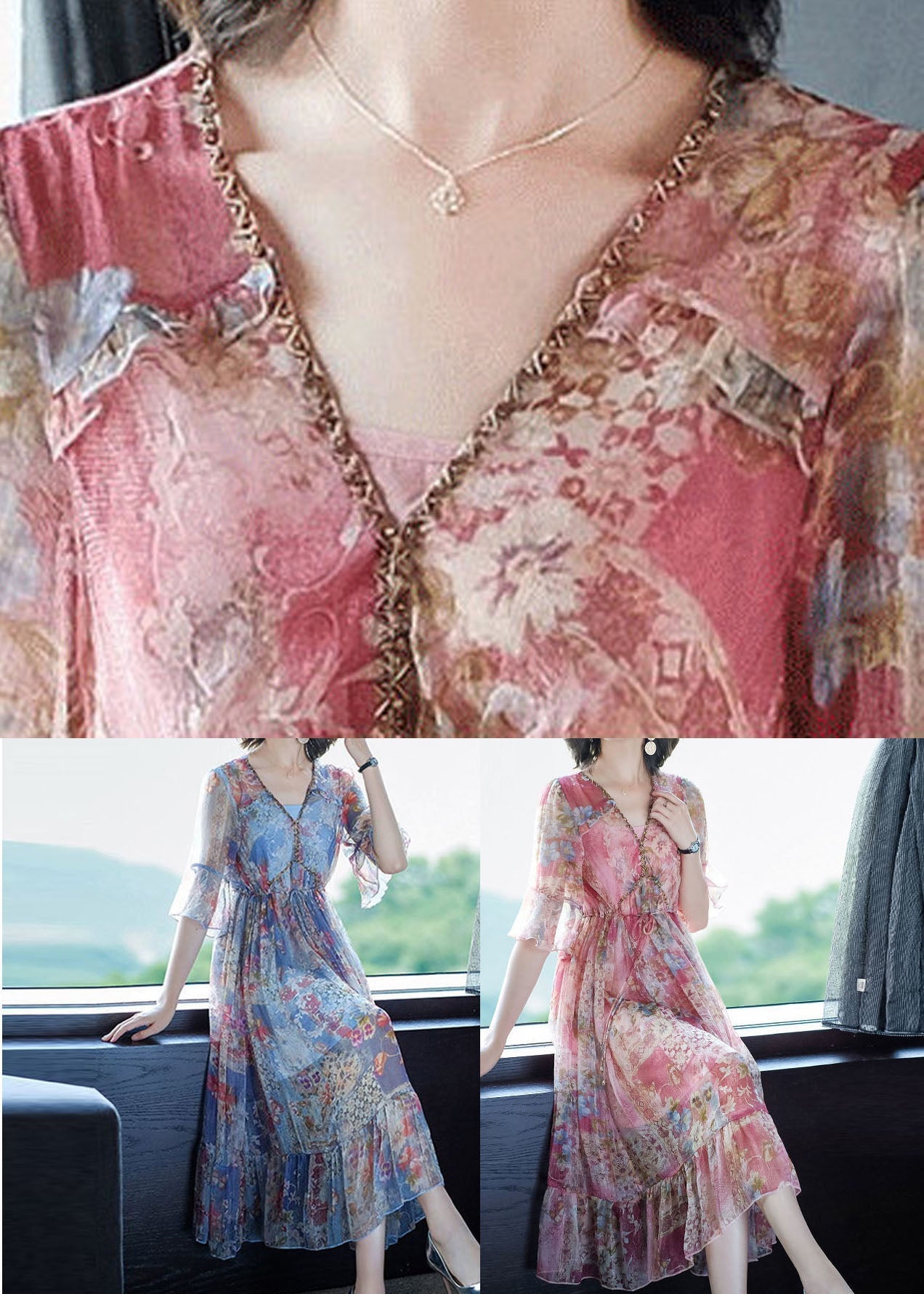 Abito lungo estivo in chiffon stampato rosa bohemien con scollo a V