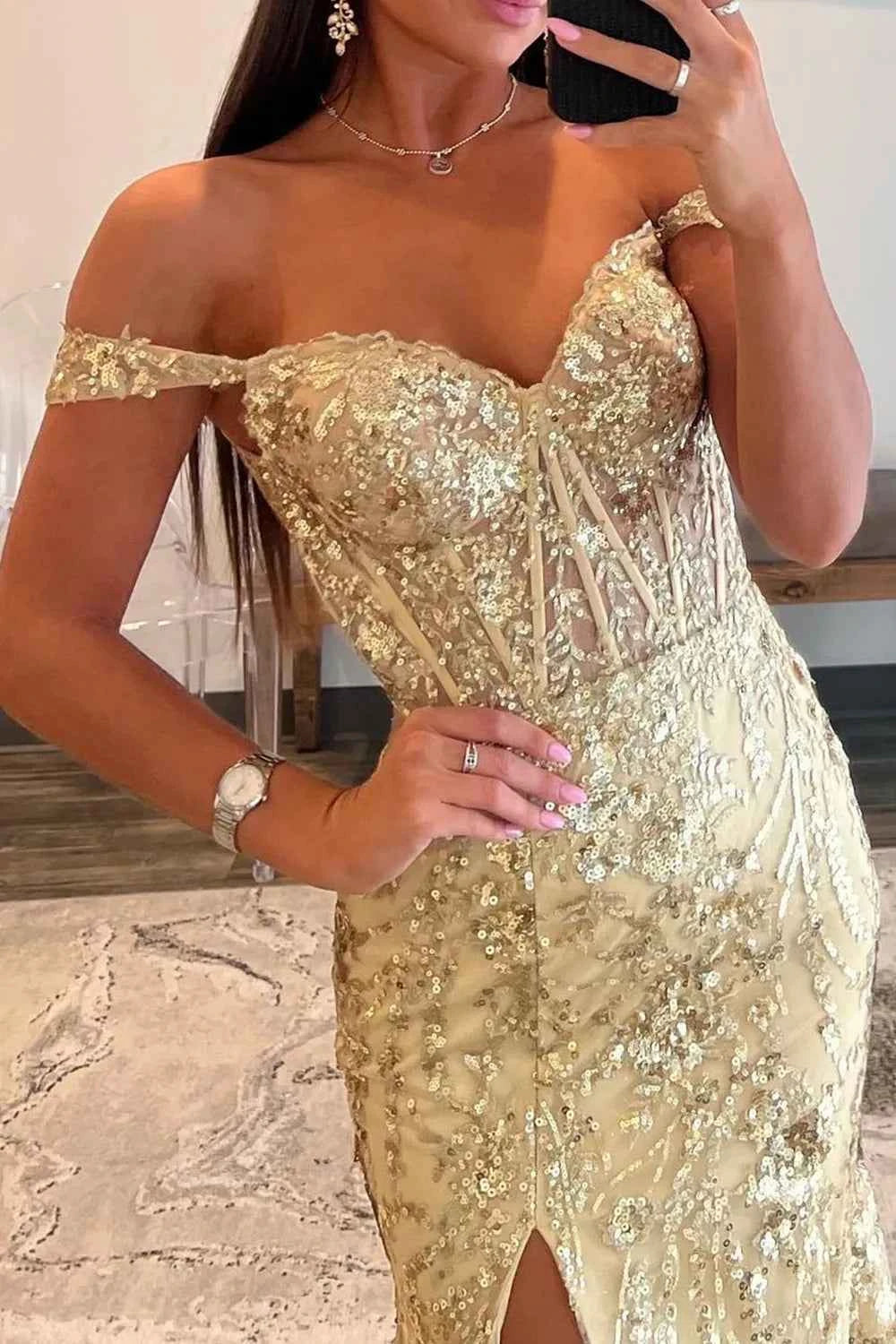 Sparkly Gold Off Shoulder Mermaid Sequin Long Prom Dress With Slit