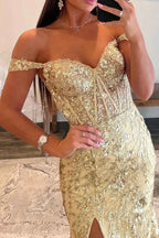 Sparkly Gold Off Shoulder Mermaid Sequin Long Prom Dress With Slit