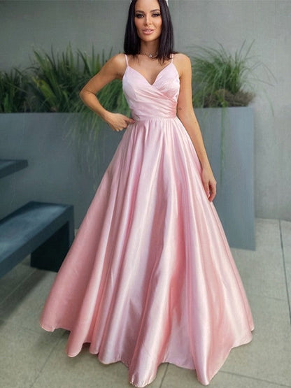 Vestido de fiesta largo rosa con escote en V y tirantes finos de corte A