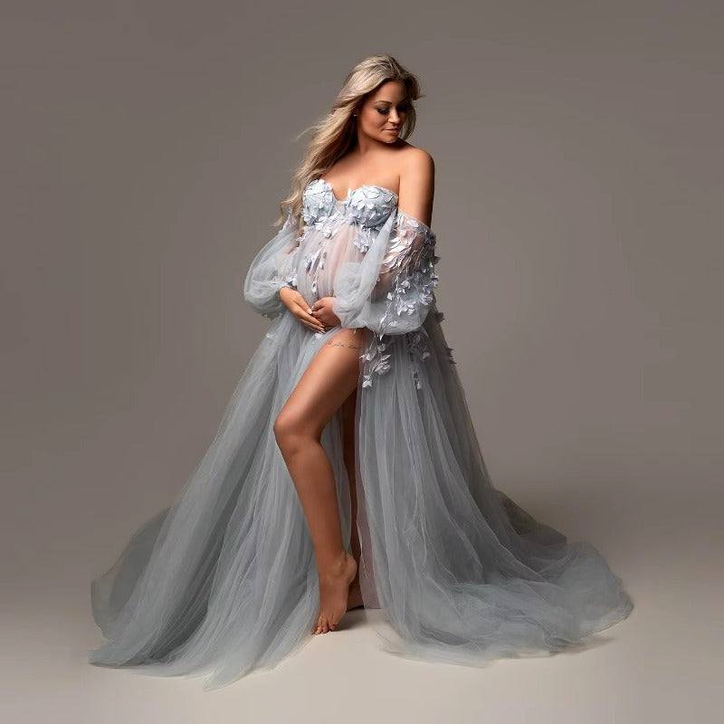 Elegant Appliqued Tulle Maternity Dress Puff Sleeves Side Slit Sweetheart Maternity Dresses Photoshoot Baby Shower Dress Custom