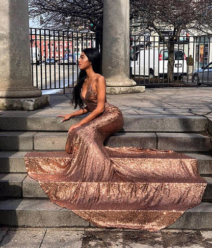 Spaghetti Straps V-neck Champagne Mermaid Prom Dress with Sequins