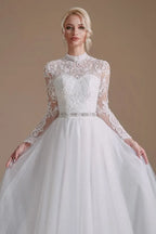 Luxury Long Sleeves A Line High Neck Wedding Dress With Tulle Lace
