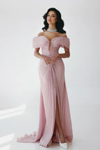 Off The Shoulder Sleeveless Long Mermaid Prom Dress With Ruffles Pleated