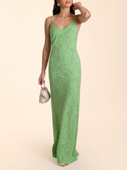 Elegantes limettengrünes Jacquard-Maxikleid mit V-Ausschnitt 
