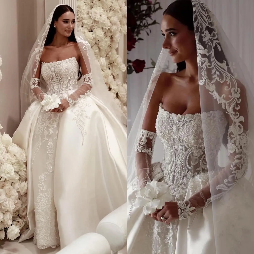 Arabic Lace Saudi Ball Gown Wedding Dress Strapless Pearls Satin Dubai Plus Size