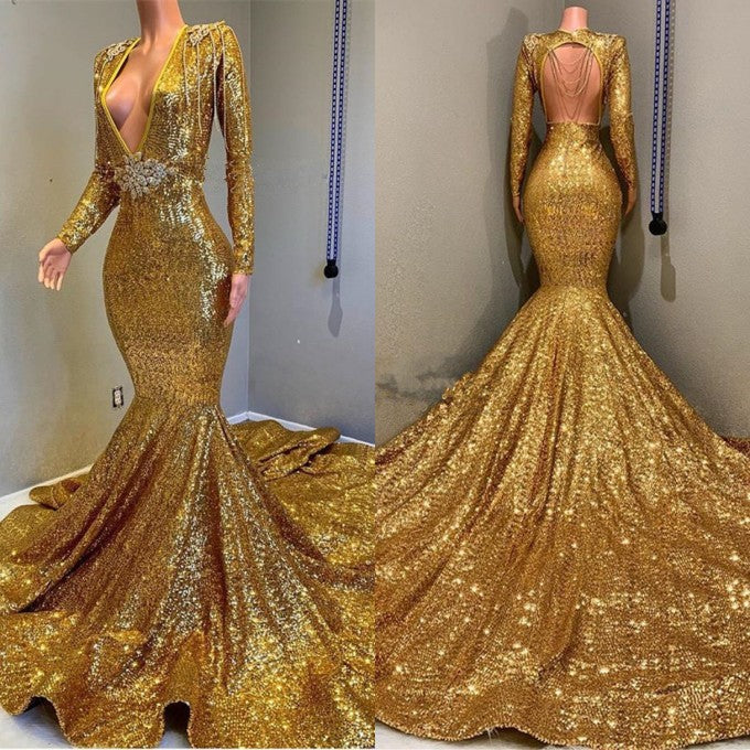 Robe de bal sirène dorée longue à sequins, col en V, dos nu, avec manches
