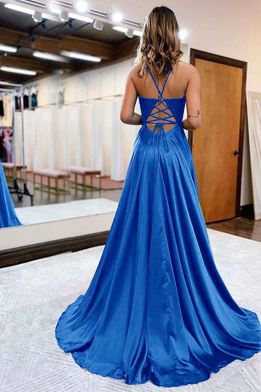 Dark Green Satin A-Line Appliqued Prom Dress With Side Slit For Formal Evening Party Occasions