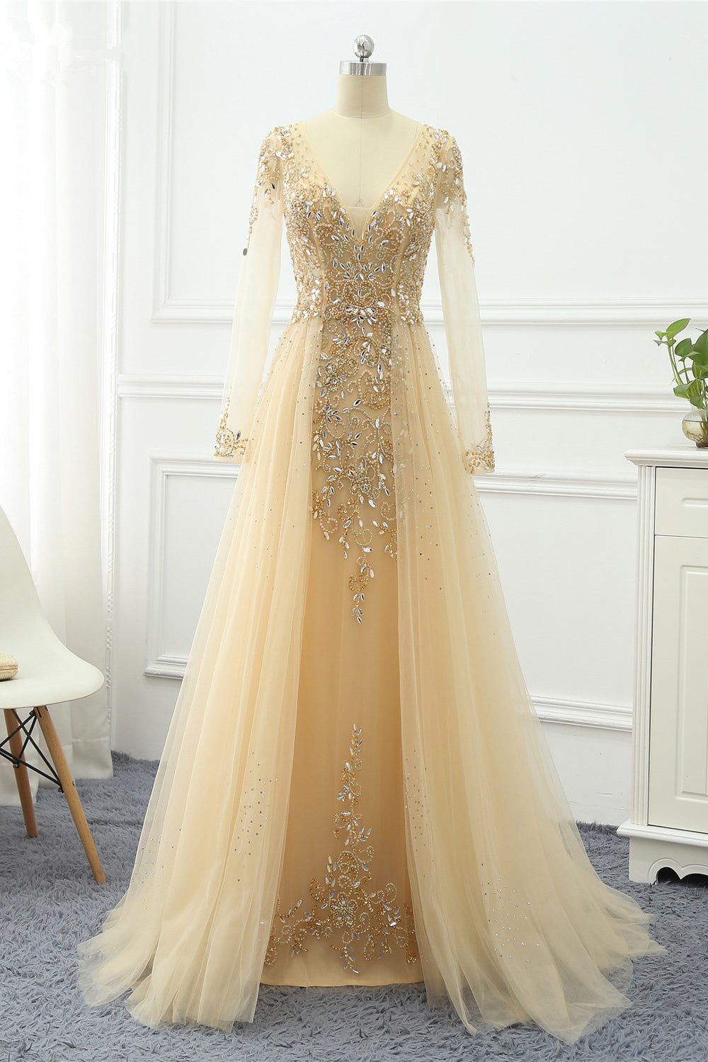 Elegant V Neck Long Sleeves Prom Dress With Overskirt Beading And Appliques
