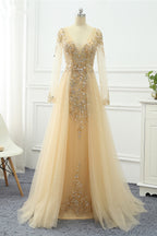 Elegant V Neck Long Sleeves Prom Dress With Overskirt Beading And Appliques