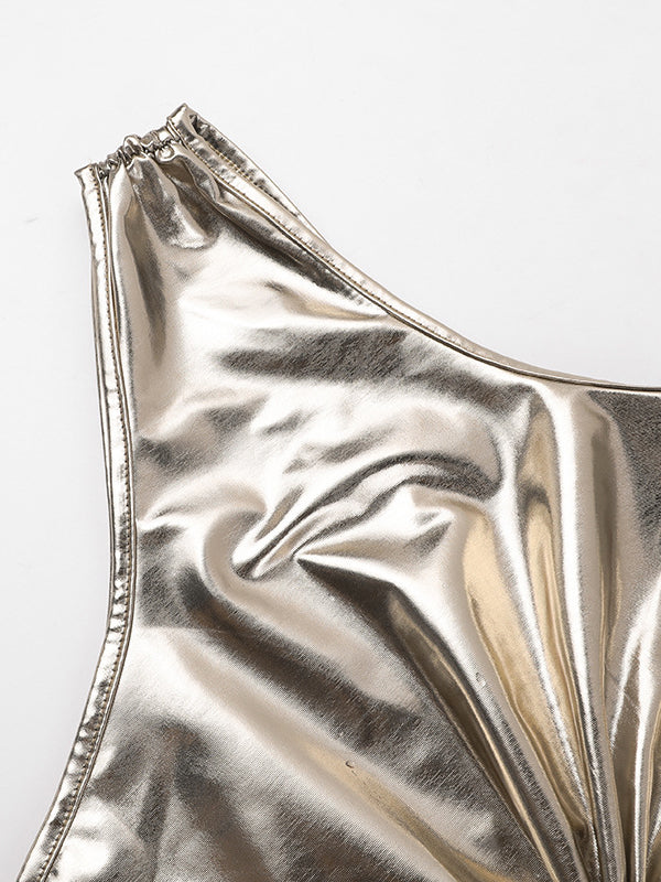 Skinny Sleeveless Asymmetric Pleated Shiny Split-Back Split-Joint One-Shoulder Evening Dresses Maxi Dresses