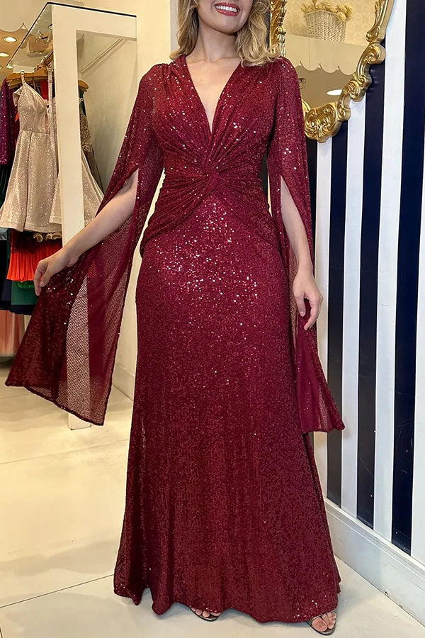 Robe de soirée longue à manches cape pailletées et taille croisée pour briller de mille feux