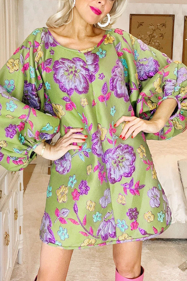 O Meu Vestido Mini Baby-doll de Manga Bufante com Estampa Floral Retrô da Minha Namorada dos Sonhos