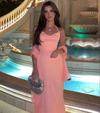 Vestido longo cor-de-rosa para baile, sem mangas, com alças ao pescoço, sensual, para festa e noite Y7523