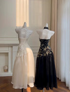 Elegante abito da sera lungo a linea ad A nero con stampa floreale in raso, paillettes e collo all'americana Y8568