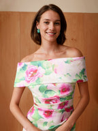 Off Shoulder Printed Floral Mother of the Bride Sheath Dress Plus Size Ruches