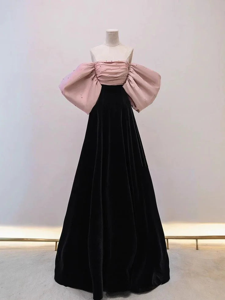 Vestido largo de fiesta de satén aterciopelado con hombros descubiertos Y7611