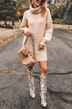 Turtleneck Long Sleeves Ribbed Knit Sweater Dress