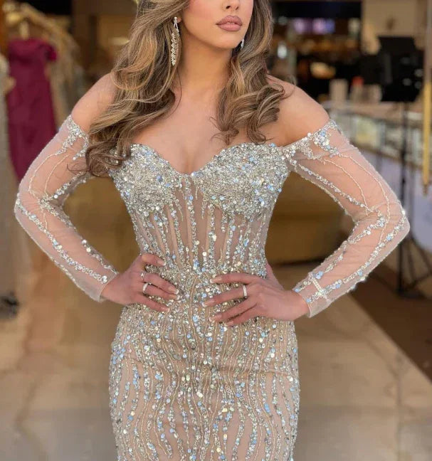 Abito da sera sirena lungo senza spalline con perline e tulle, modello Luxury Sweetheart Y7629