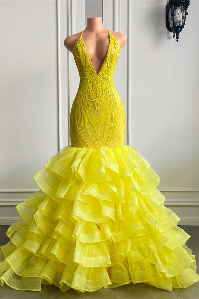Robe de bal jaune longue à col en V, dos nu, sirène, en tulle et dentelle avec volant