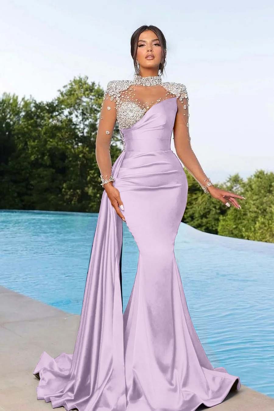 Bmbridal Purple Long Sleeves Mermaid Ruffle Gown With Crystals