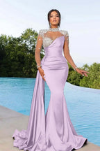 Bmbridal Purple Long Sleeves Mermaid Ruffle Gown With Crystals