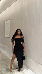 Ein-Schulter-Schwarzes Abendkleid, Schickes Schwarzes Maxikleid Y1892