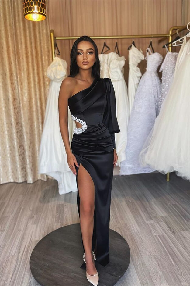 One Shoulder Long Sleeve Black Satin Evening Gown with Elegant Pleated Slit