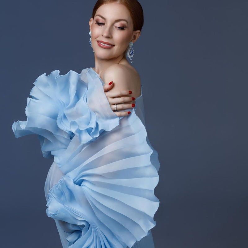 Elegant Blue Pleated Maternity Dresses for Photoshoot Puff Sleeves Sheer Organza Maternity Gown Photography Babyshower Dress