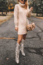 Turtleneck Long Sleeves Ribbed Knit Sweater Dress