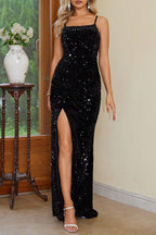 Abiti da Sera Sexy con Scollo Quadrato, Spacco e Paillettes Solide