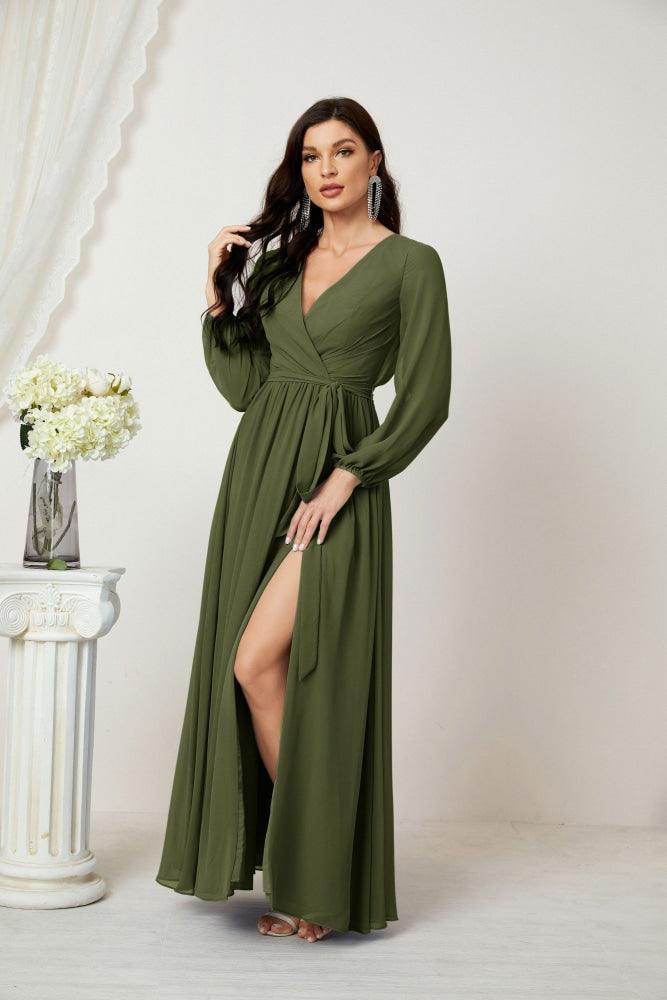 فساتين سهرة نمبرسيا بياقة على شكل حرف V عميقة من الشيفون فساتين وصيفات العروس بأكمام طويلة واسعة وشق جانبي فستان رسمي 2806