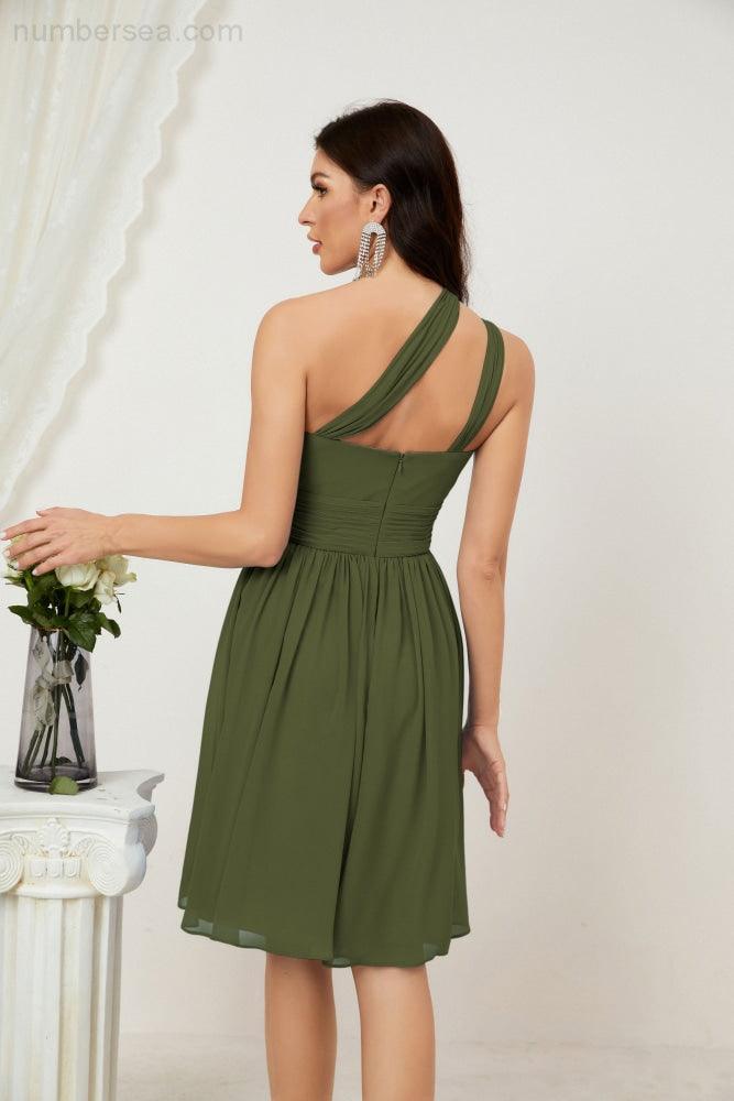 Numbersea Damen Chiffon Kurzes Ein-Schulter Brautjungfernkleid Festliche Kleider für Feier Heimkehr 2804