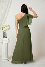 Abito da Sera Formale A-line con Spalla Singola e Balze in Chiffon, Spacco Laterale, per Damigelle, Modello 2809