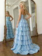 Stunning Light Blue Sequin Strapless Tiered Long Prom Dress With Floral Bodice And Slit