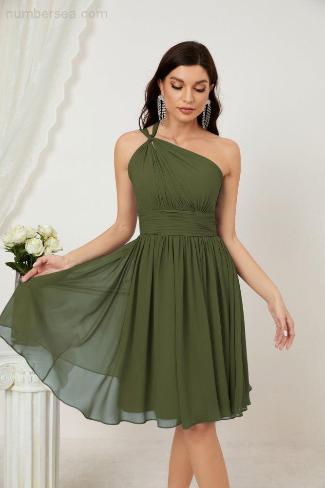 Numbersea Damen Chiffon Kurzes Ein-Schulter Brautjungfernkleid Festliche Kleider für Feier Heimkehr 2804